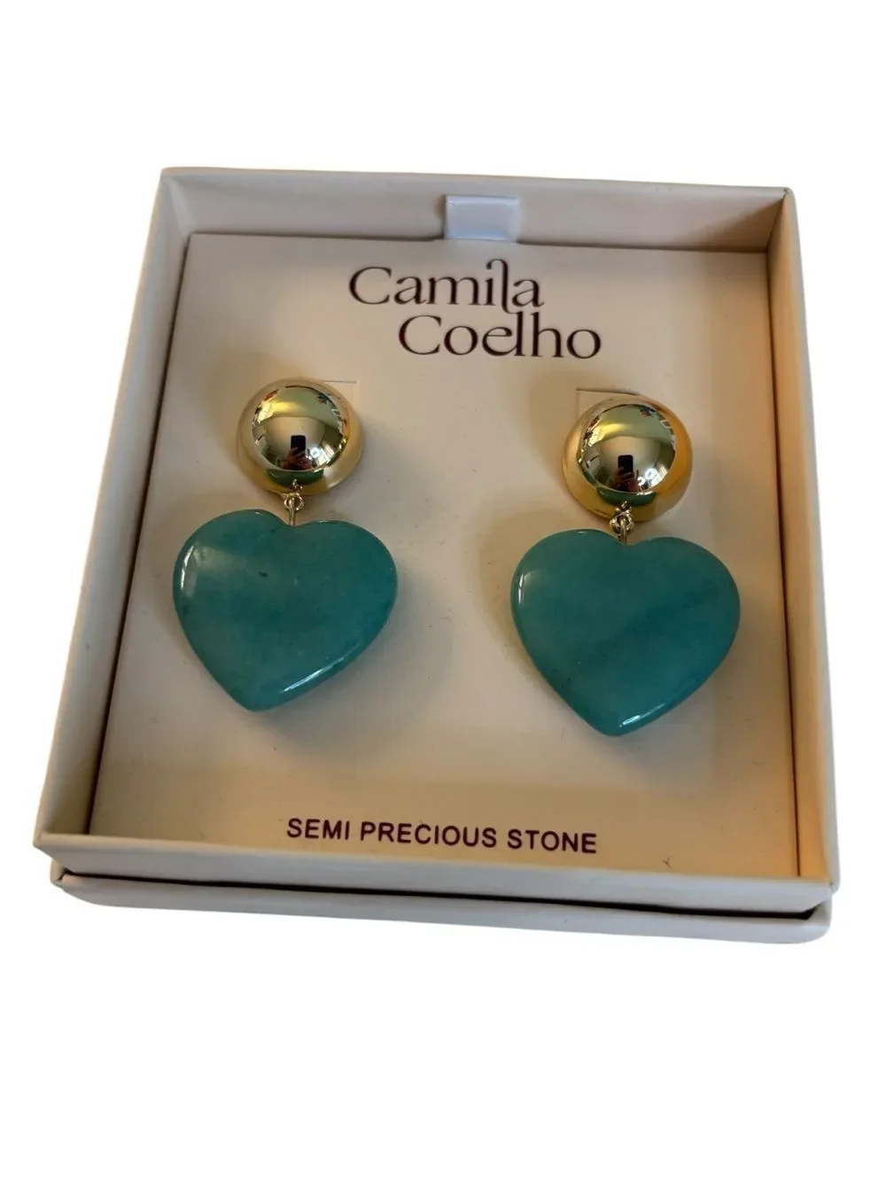 Camila Coelho Teal Green Heart Drop Earrings w/ Gold Tone Dome Studs.